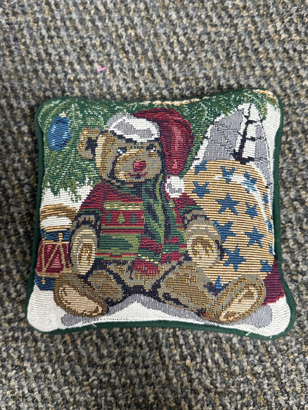Holiday Bear Tapestry Accent Pillow in Green and Red